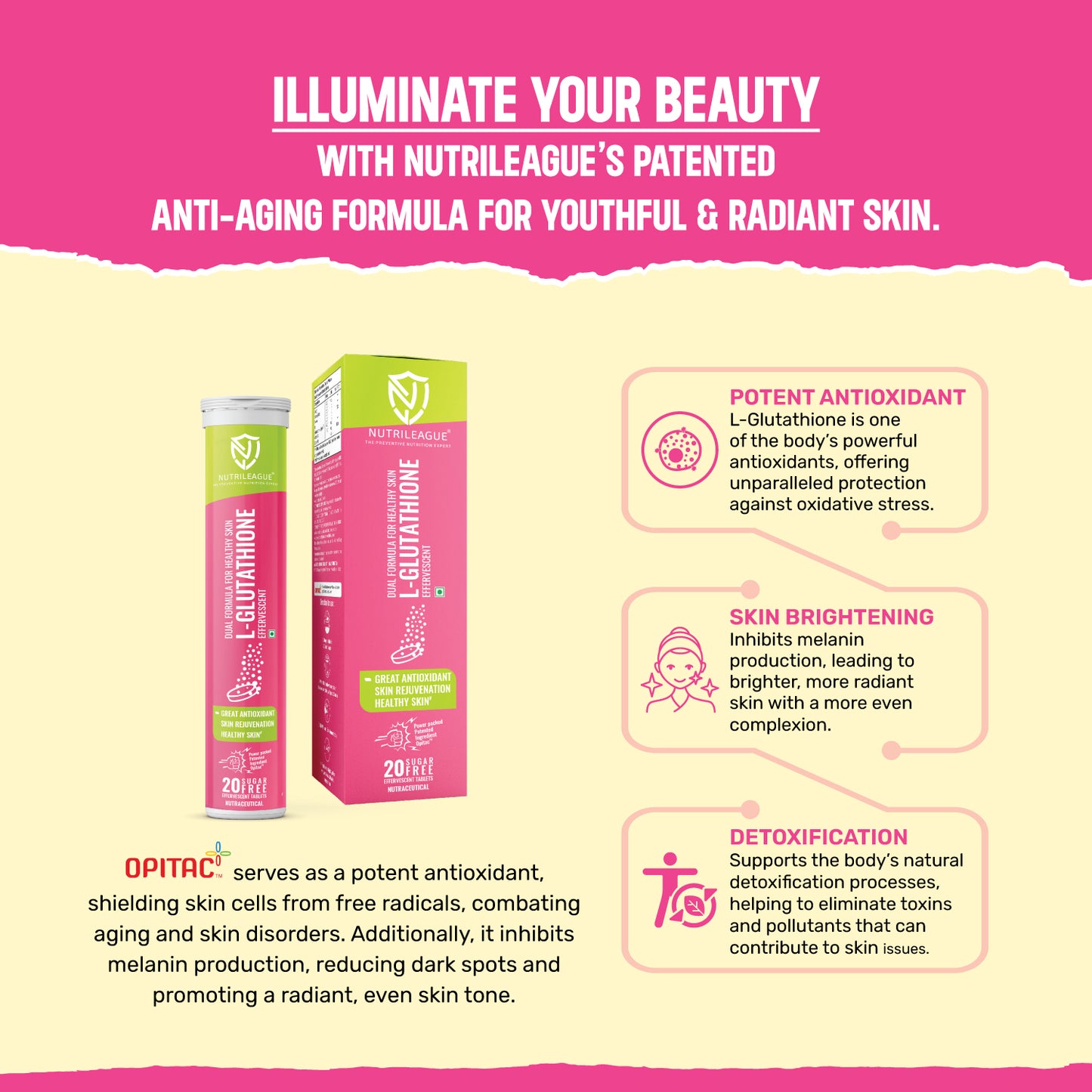 L - Glutathione (Opitac- A Patented L-glutathione) Effervescent Tablet with vitamin C For Men & Women | Dual Formula With Better Bioavailability | Best Skin Rejuvination | Power Antioxidant & Skin Whitning Formula | Your Pathway to Ageless Beauty