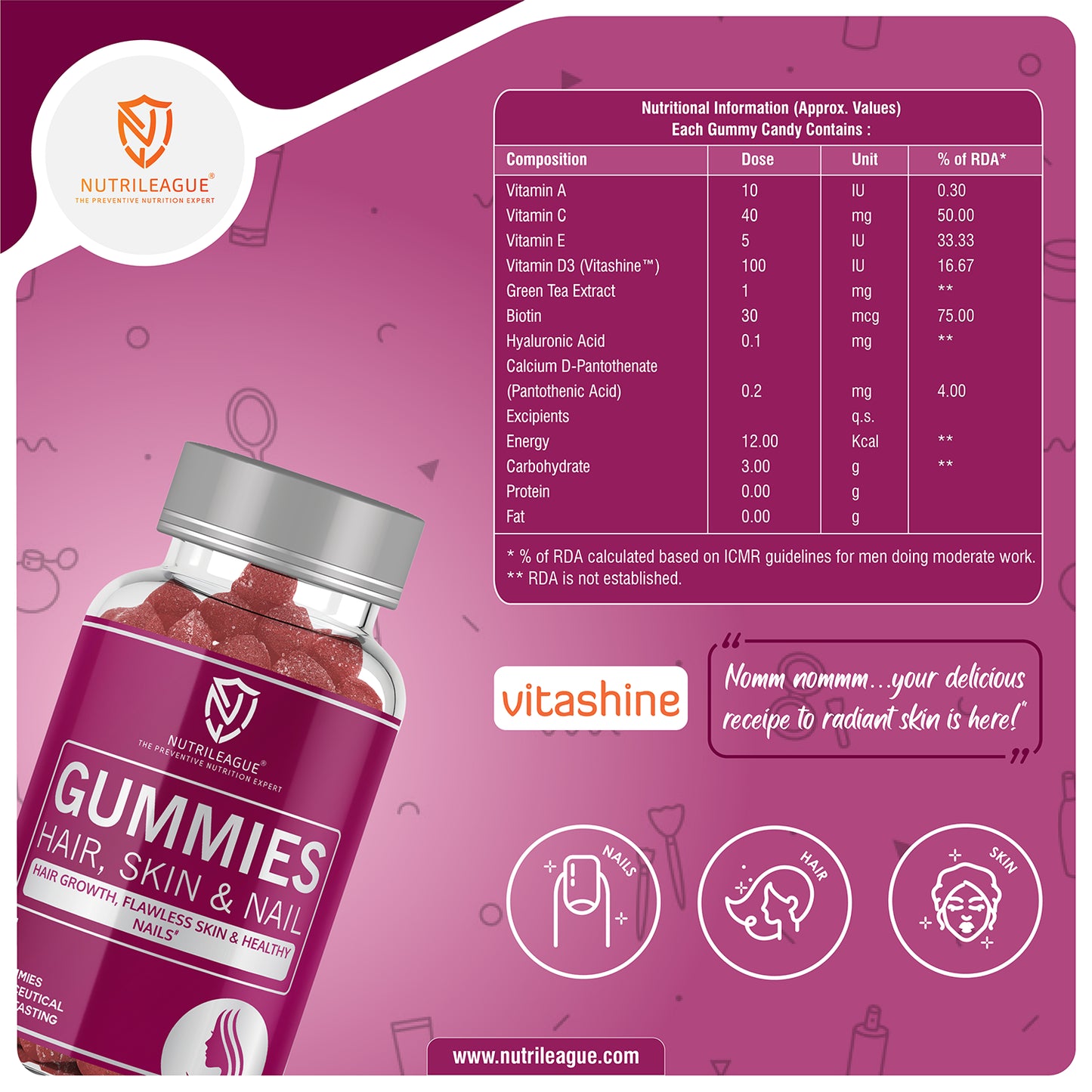 Hair, Skin & Nail Gummies with Biotin, Hyaluronic Acid & Pantothenic Acid For Men & Women