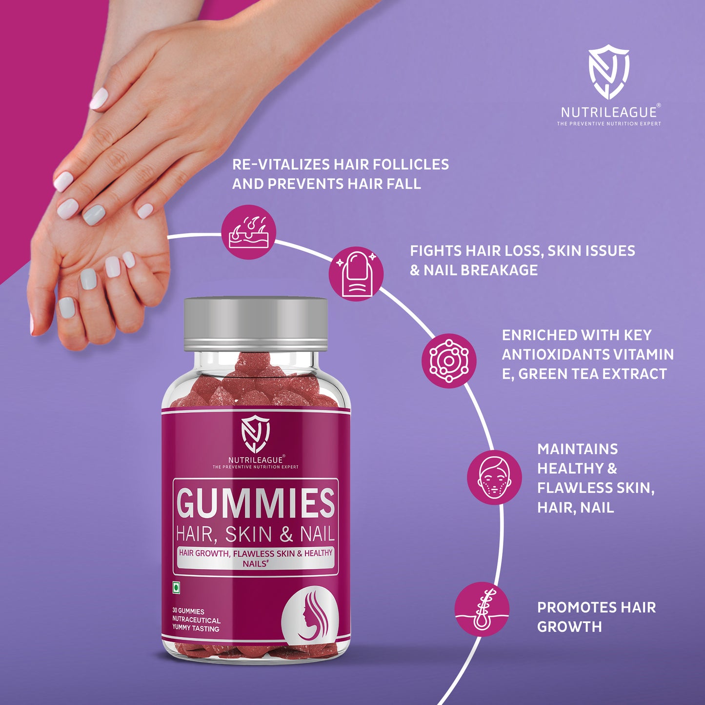 Hair, Skin & Nail Gummies with Biotin, Hyaluronic Acid & Pantothenic Acid For Men & Women