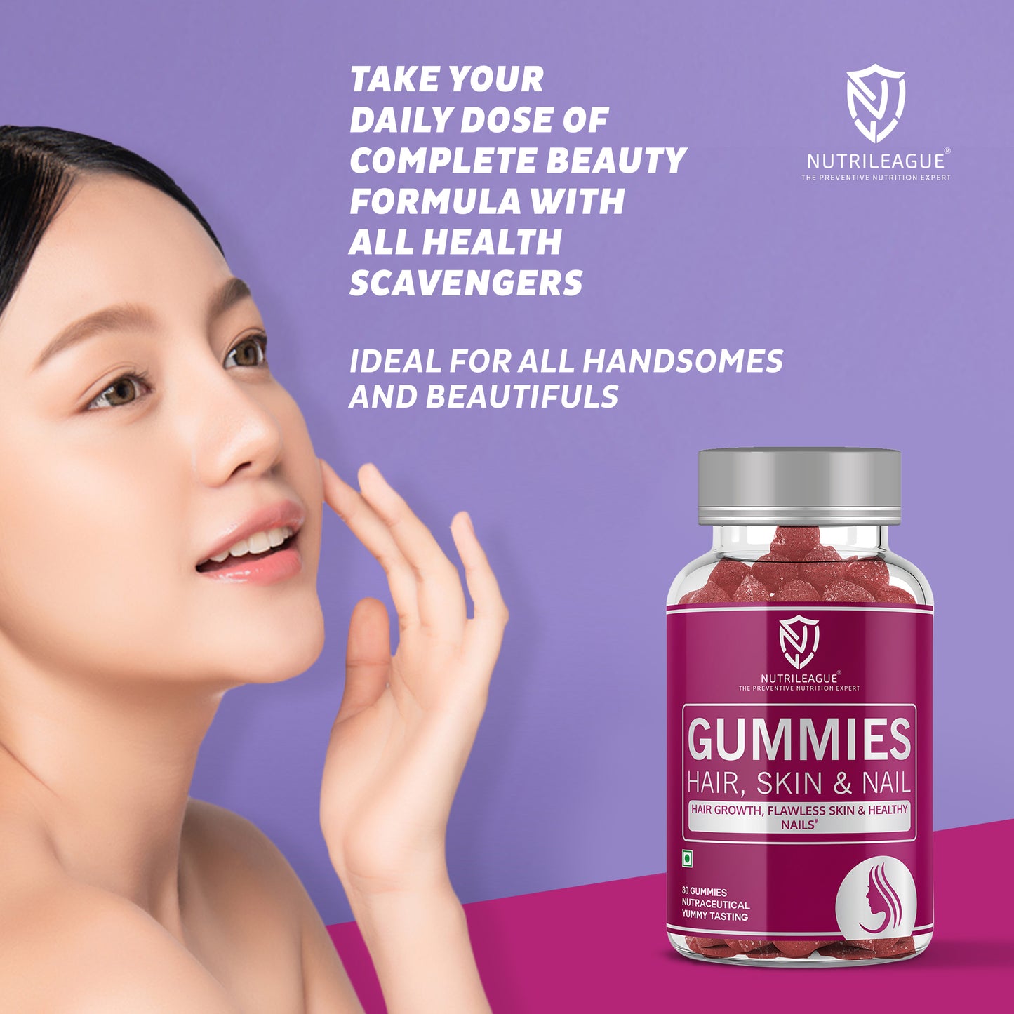 Hair, Skin & Nail Gummies with Biotin, Hyaluronic Acid & Pantothenic Acid For Men & Women
