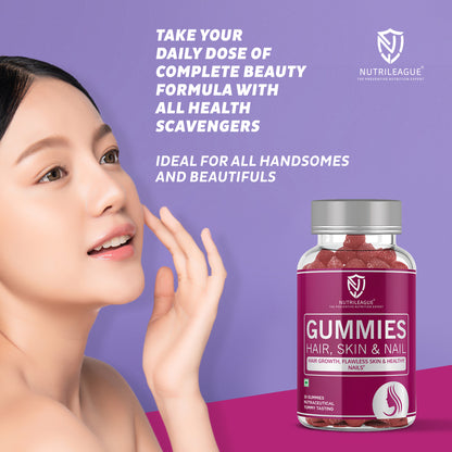 Hair, Skin & Nail Gummies with Biotin, Hyaluronic Acid & Pantothenic Acid For Men & Women