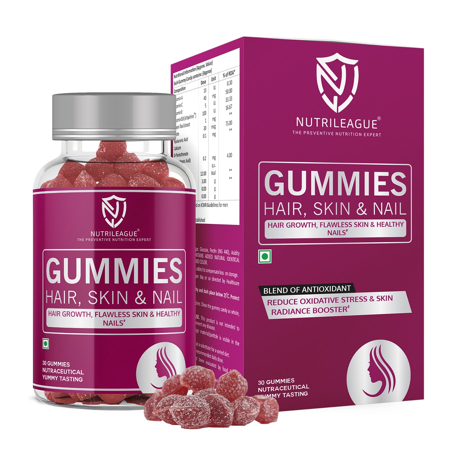 Hair, Skin & Nail Gummies with Biotin, Hyaluronic Acid & Pantothenic Acid For Men & Women