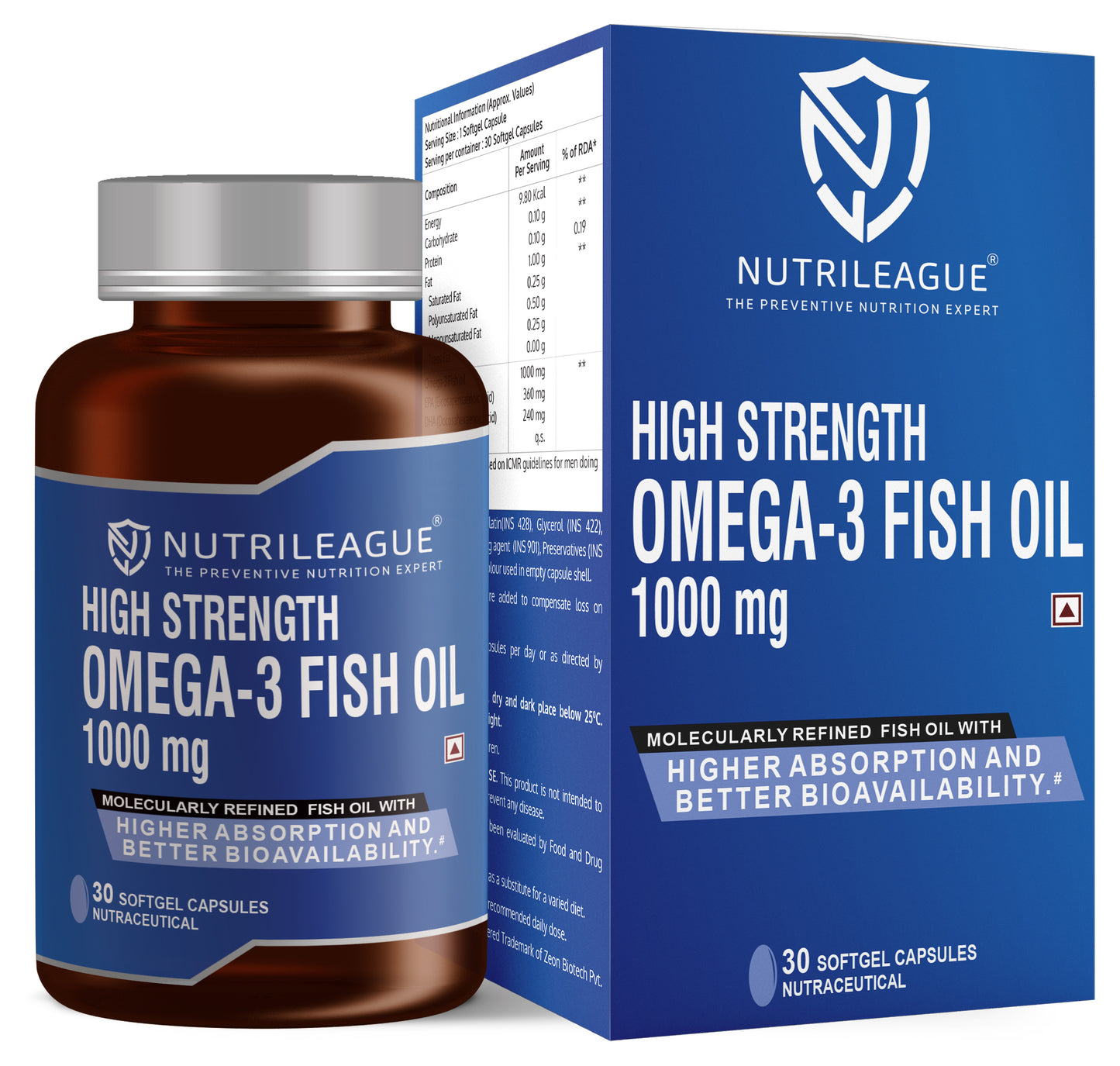 High Strength Omega - 3 Fish Oil 1000 mg | 2X EPA:DHA | Omega - 3 Fish Oil 1000 mg | Softgel Capsules | Good for Heart Health & Brain Function | Nonveg
