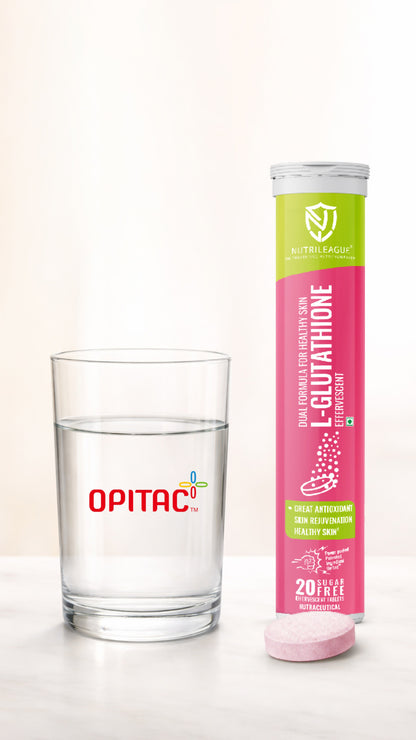 L - Glutathione (Opitac- A Patented L-glutathione) Effervescent Tablet with vitamin C For Men & Women | Dual Formula With Better Bioavailability |  Best Skin Rejuvination | Power Antioxidant & Skin Whitning Formula | Your Pathway to Ageless Beauty